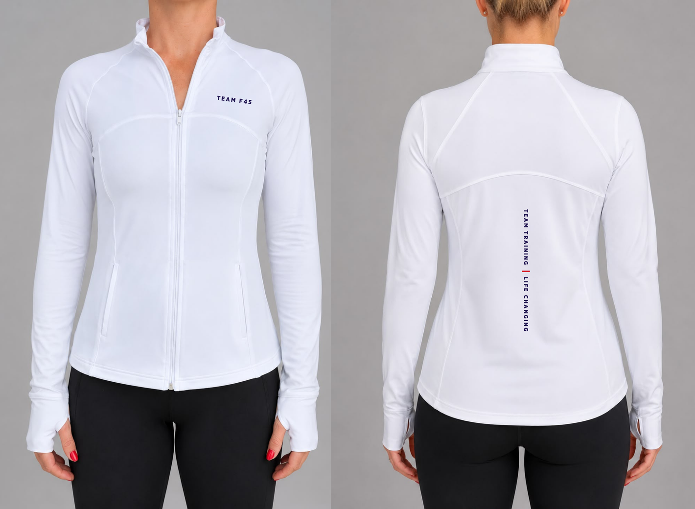 LADIES WHITE PREMIUM STRETCH  ZIP UP TOP